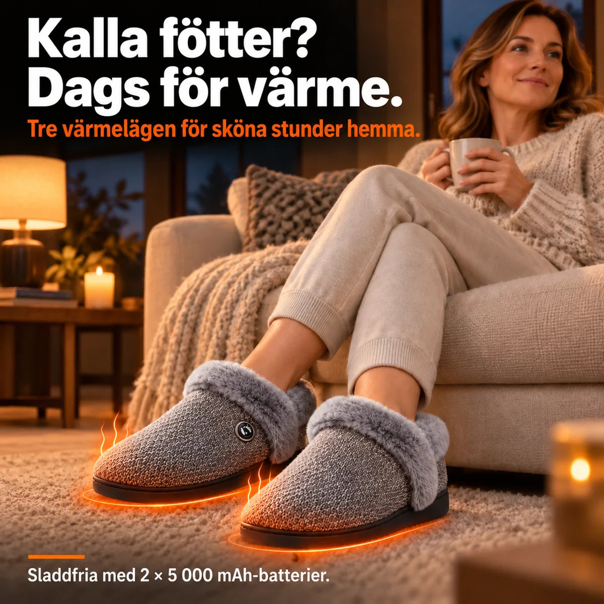 Kvinna kopplar av i fåtöljen med grå uppvärmda tofflor