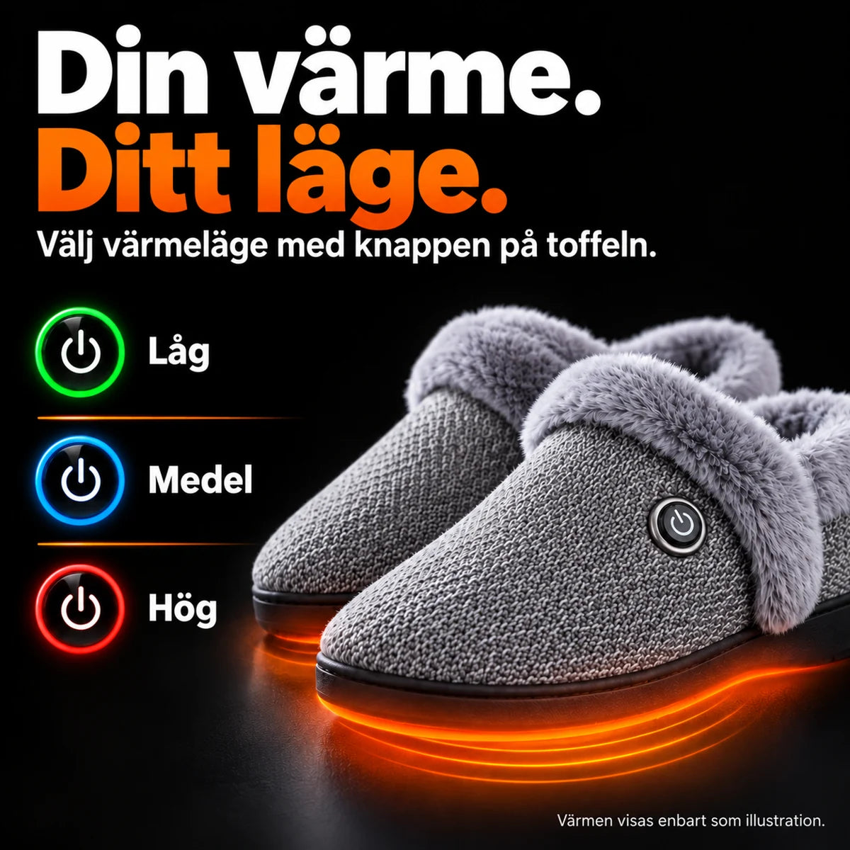 Grafik över de tre värmenivåerna på de uppvärmda tofflorna, ställs in med en knapptryckning