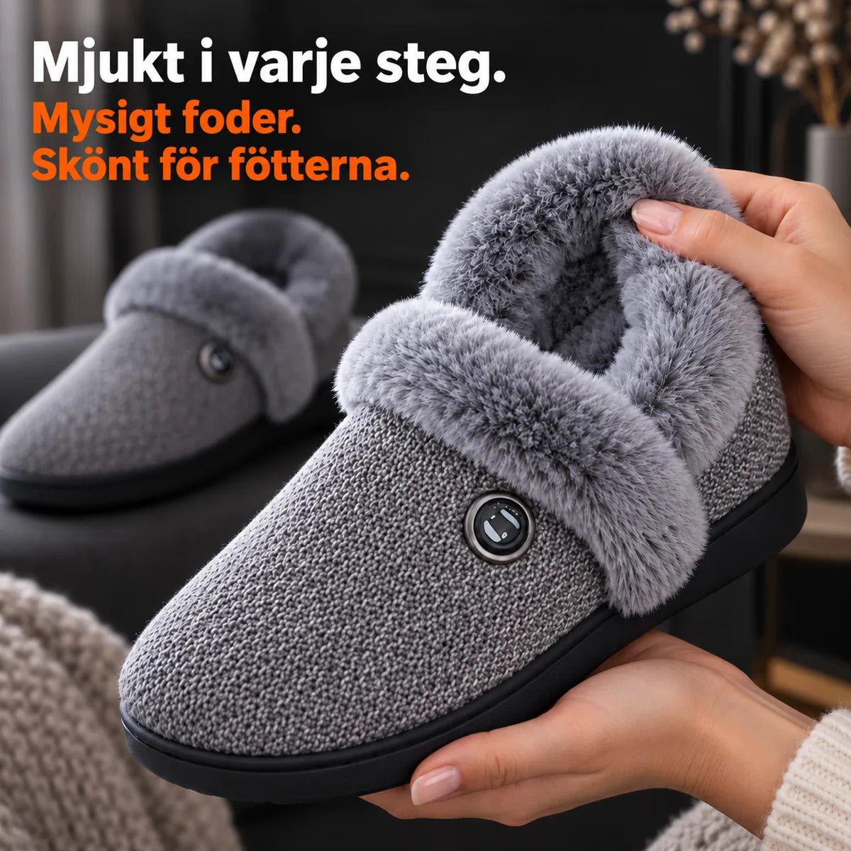 En hand visar det mjuka plyschfodret i de uppvärmda tofflorna