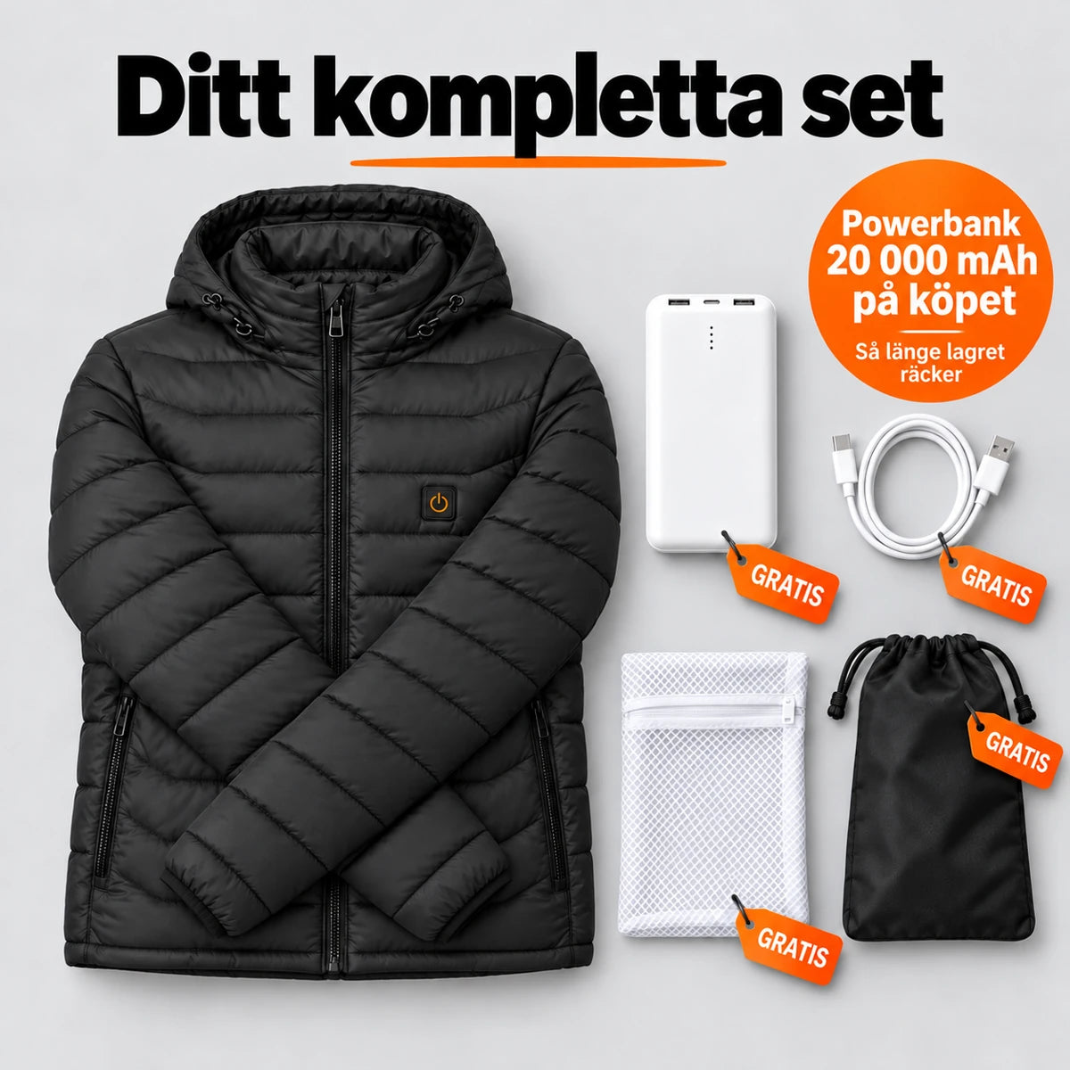 Komplett set: Rangor, powerbank 20 000 mAh, laddkabel, tvättpåse och väska