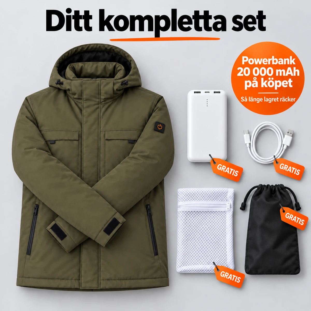 Komplett set: Regaro, powerbank 20 000 mAh, laddkabel, tvättpåse och väska