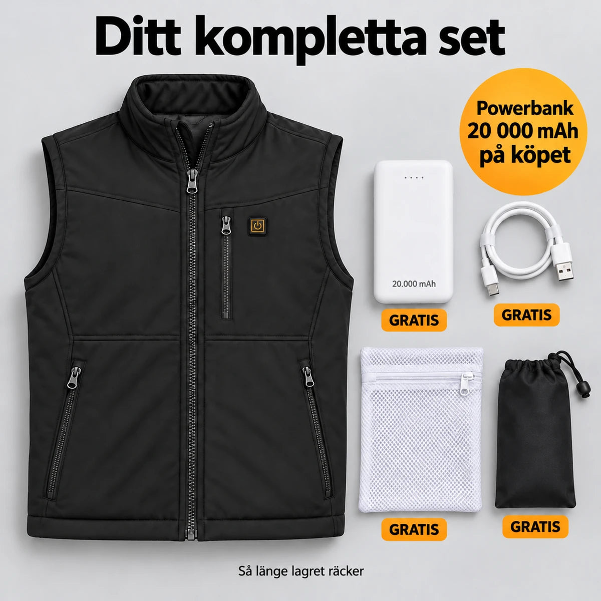 Komplett set: Relior, powerbank 20 000 mAh, laddkabel, tvättpåse och väska