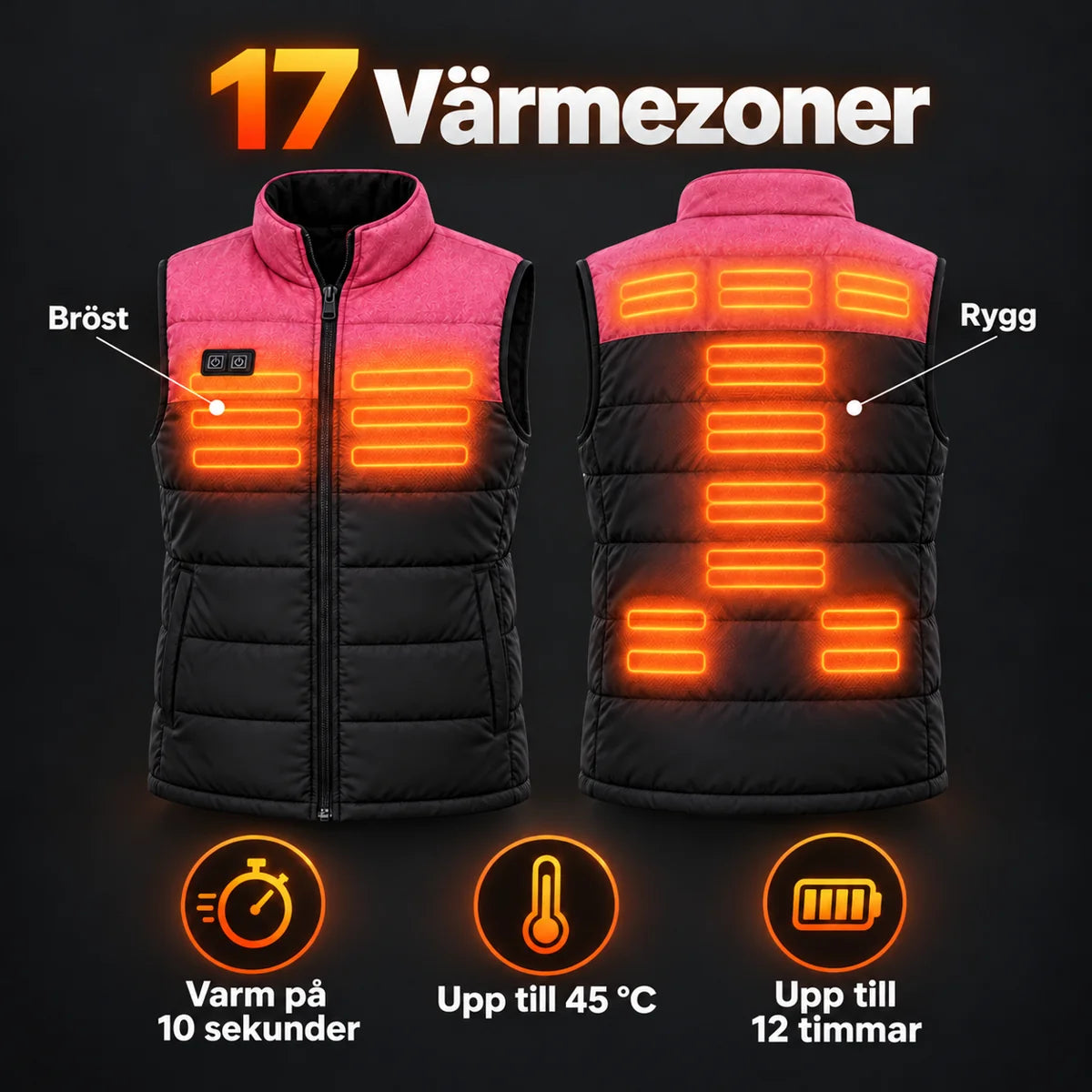 Quiltad värmeväst unisex PyreFit Rundor: 17 värmezoner på bröst och rygg