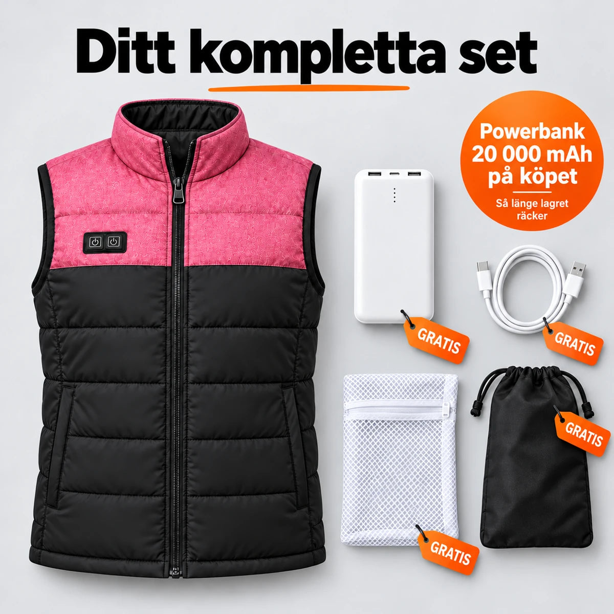 Komplett set: Rundor, powerbank 20 000 mAh, laddkabel, tvättpåse och väska