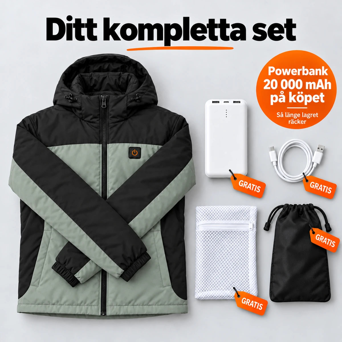 Komplett set: Schiefer, powerbank 20 000 mAh, laddkabel, tvättpåse och väska