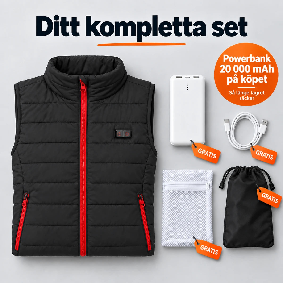 Komplett set: Silvaia, powerbank 20 000 mAh, laddkabel, tvättpåse och väska