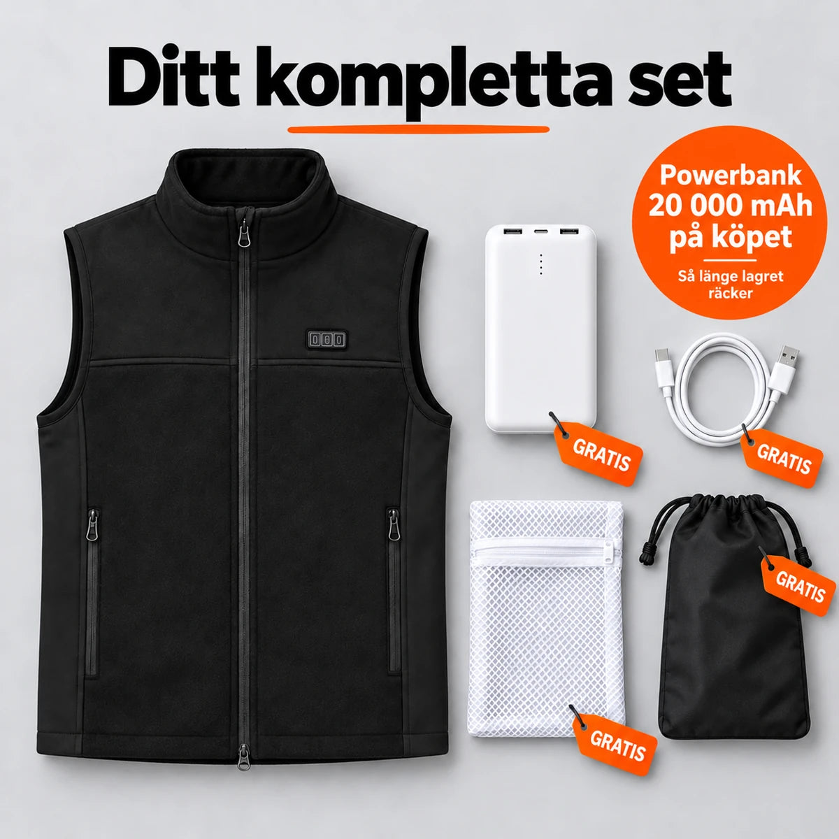 Komplett set: Tarnor, powerbank 20 000 mAh, laddkabel, tvättpåse och väska