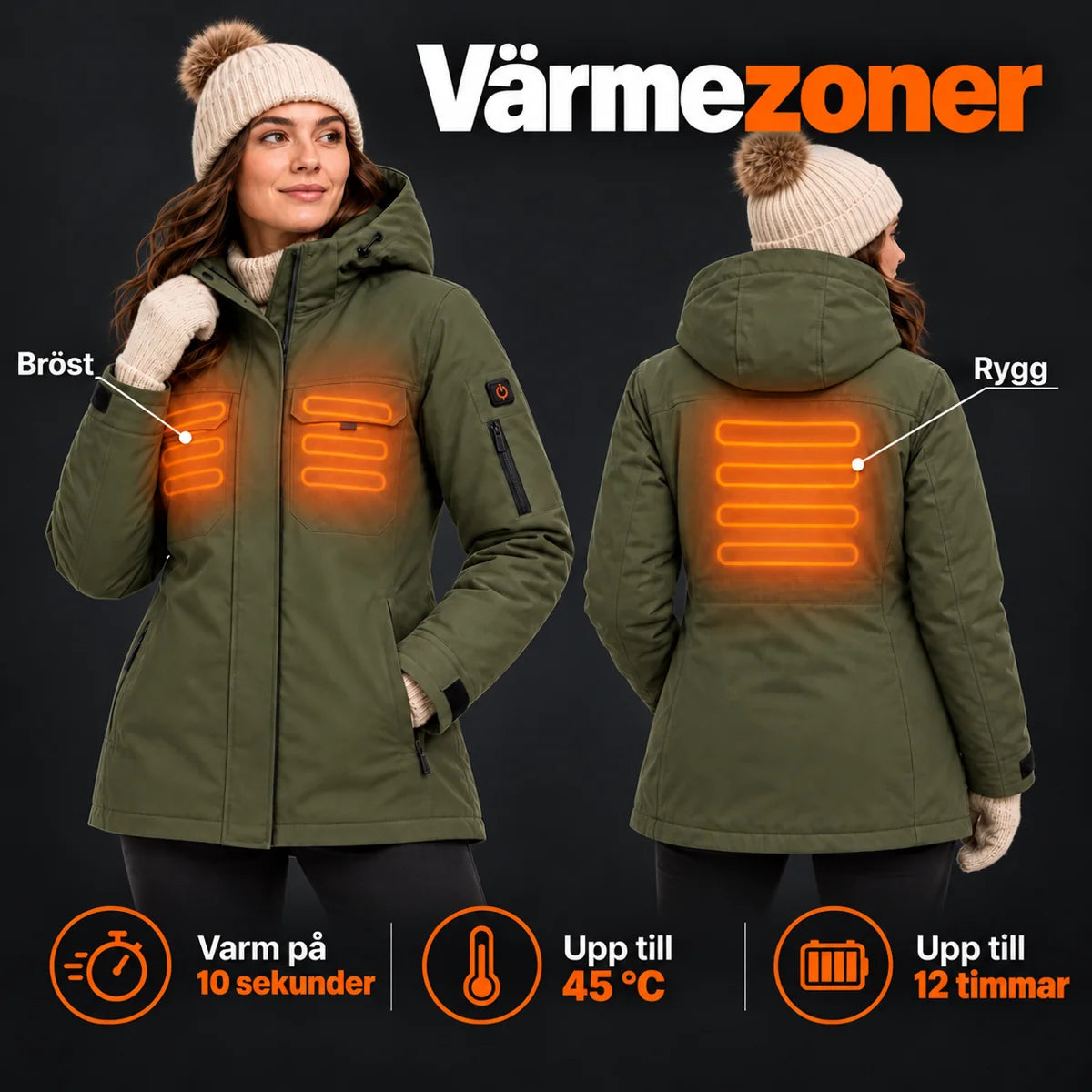 Uppvärmd parkas dam PyreFit Terrano: värmezoner på bröst och rygg