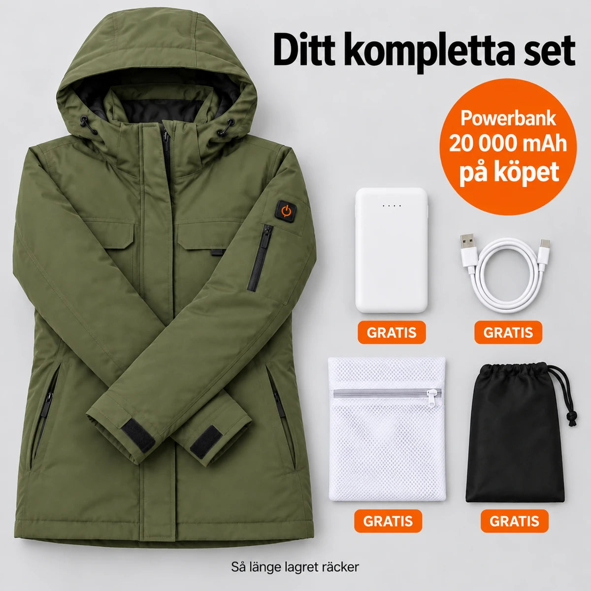 Komplett set: Terrano, powerbank 20 000 mAh, laddkabel, tvättpåse och väska