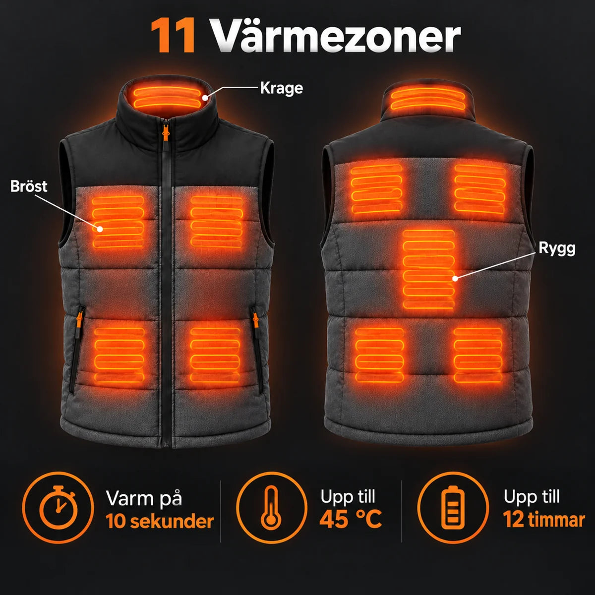 Värmeväst unisex PyreFit Trailon: 11 värmezoner på bröst, rygg och krage