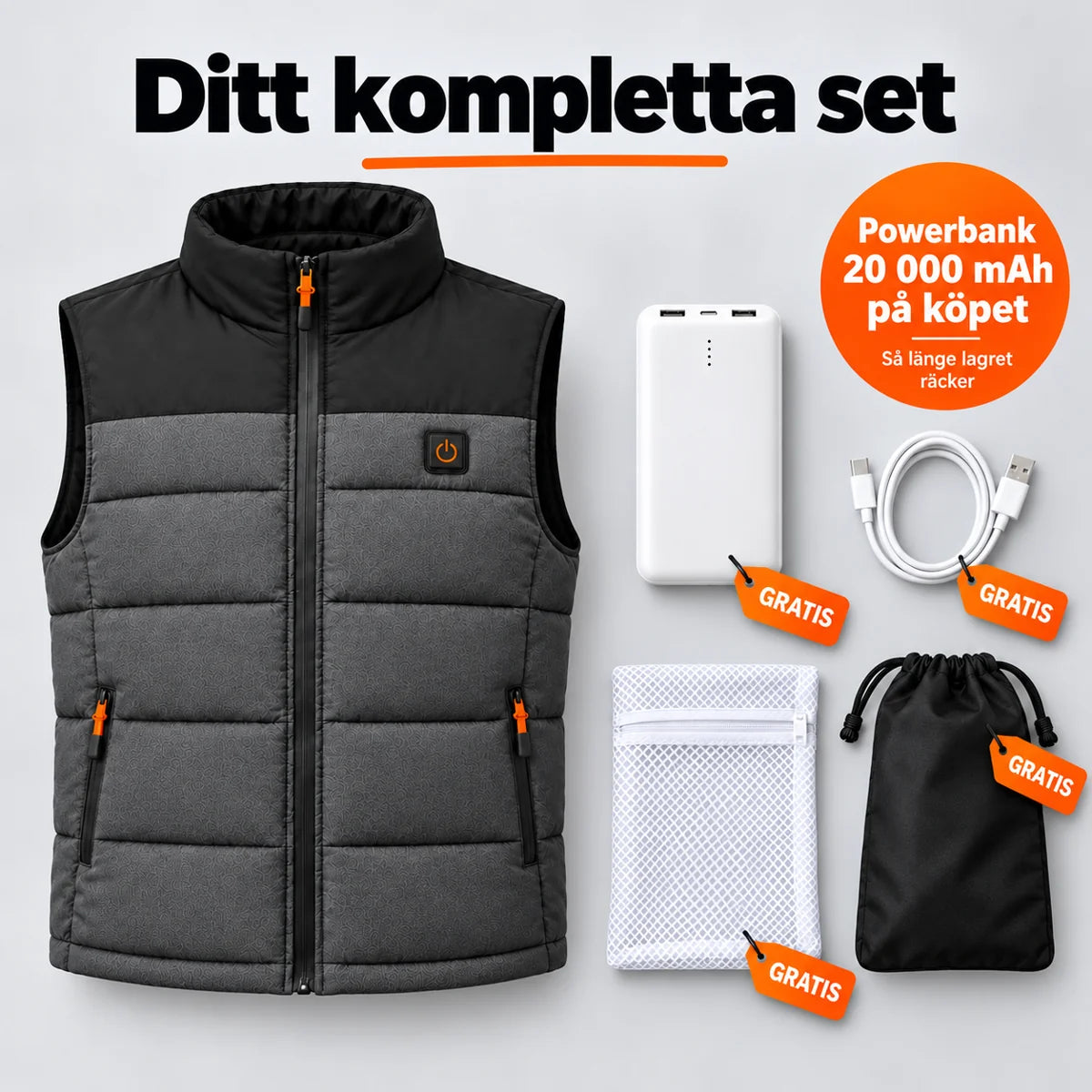Komplett set: Trailon, powerbank 20 000 mAh, laddkabel, tvättpåse och väska