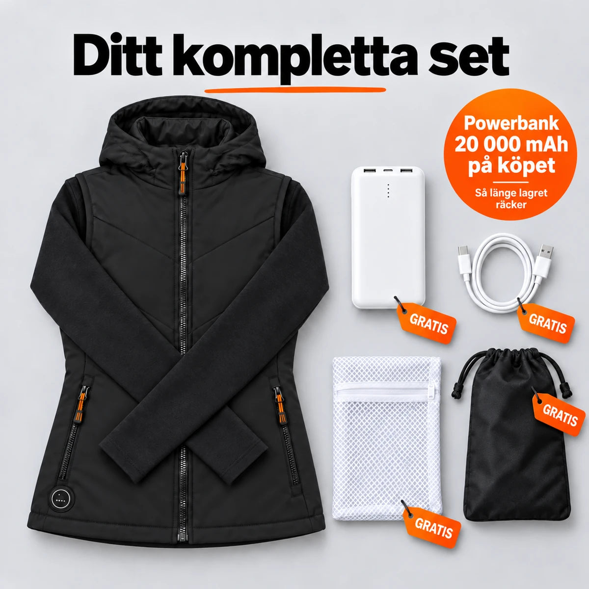 Komplett set: Transitor, powerbank 20 000 mAh, laddkabel, tvättpåse och väska