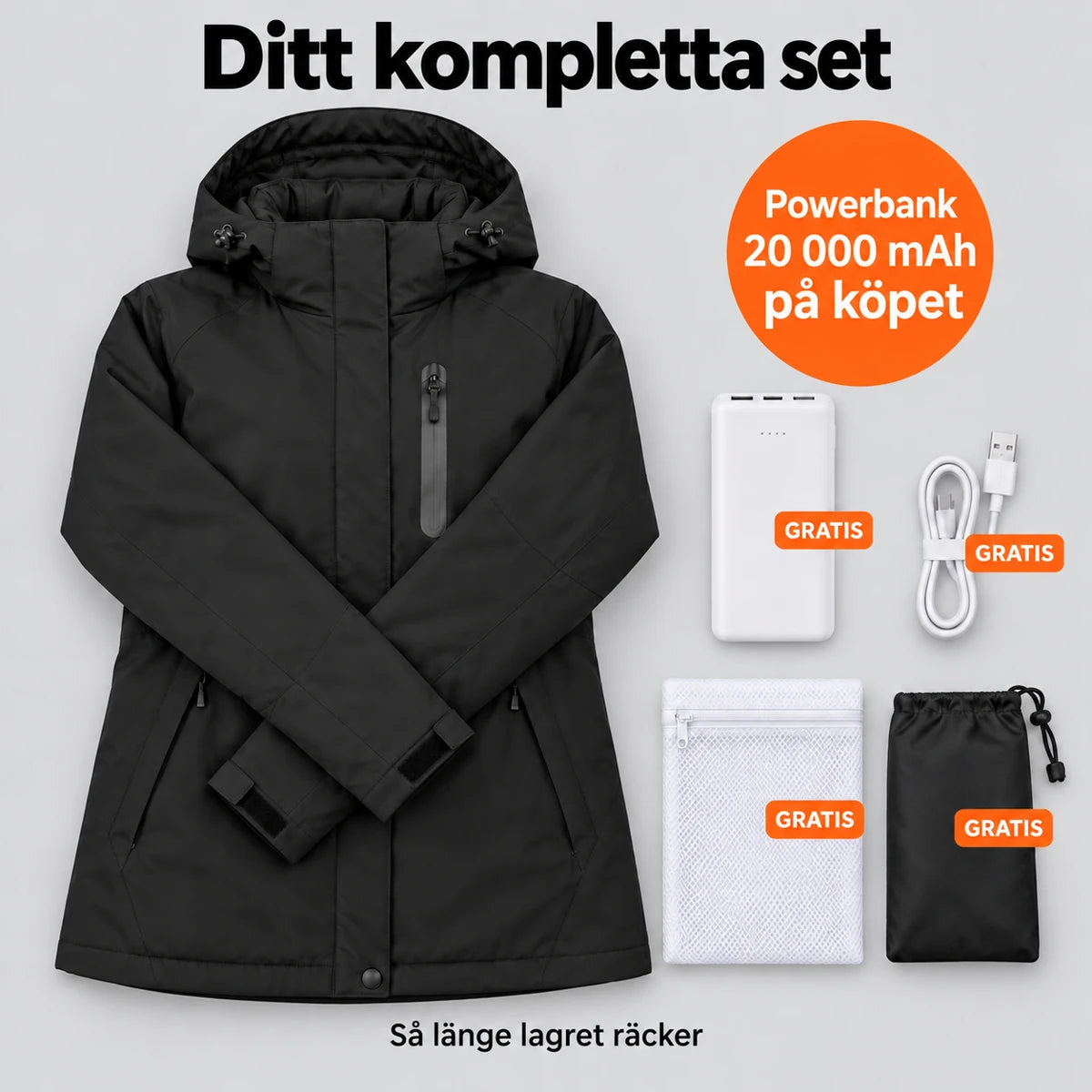 Komplett set: Traverso, powerbank 20 000 mAh, laddkabel, tvättpåse och väska