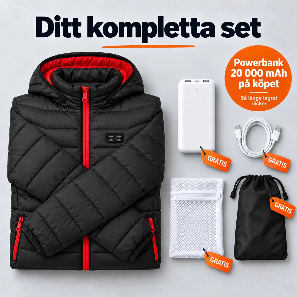 Komplett set: Travina, powerbank 20 000 mAh, laddkabel, tvättpåse och väska