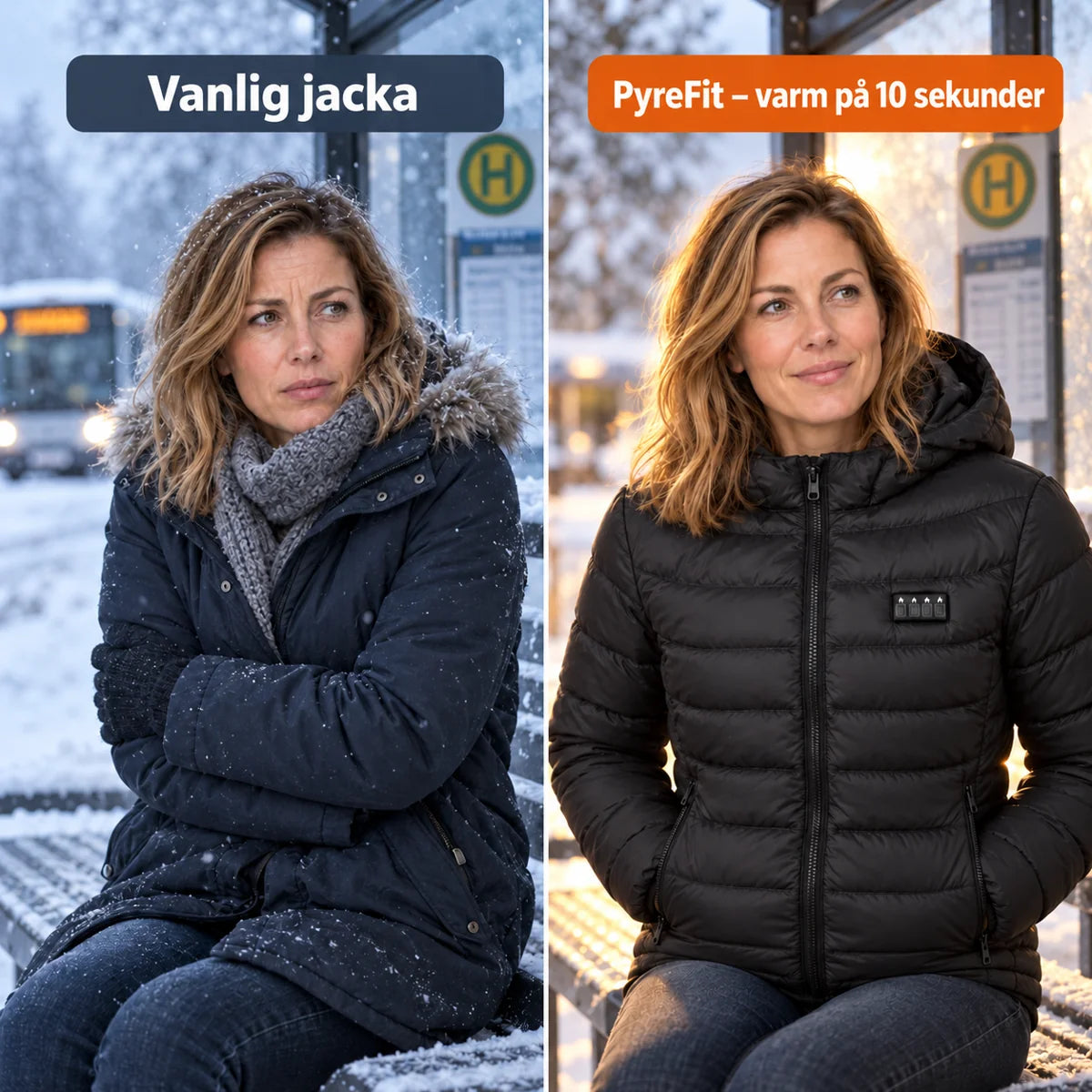 Jämförelse: vanlig vinterjacka och PyreFit värmejacka