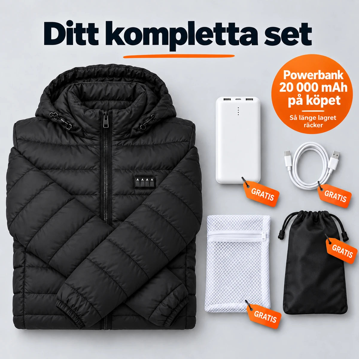 Komplett set: värmejacka, powerbank 20 000 mAh, tvättpåse och förvaringsväska