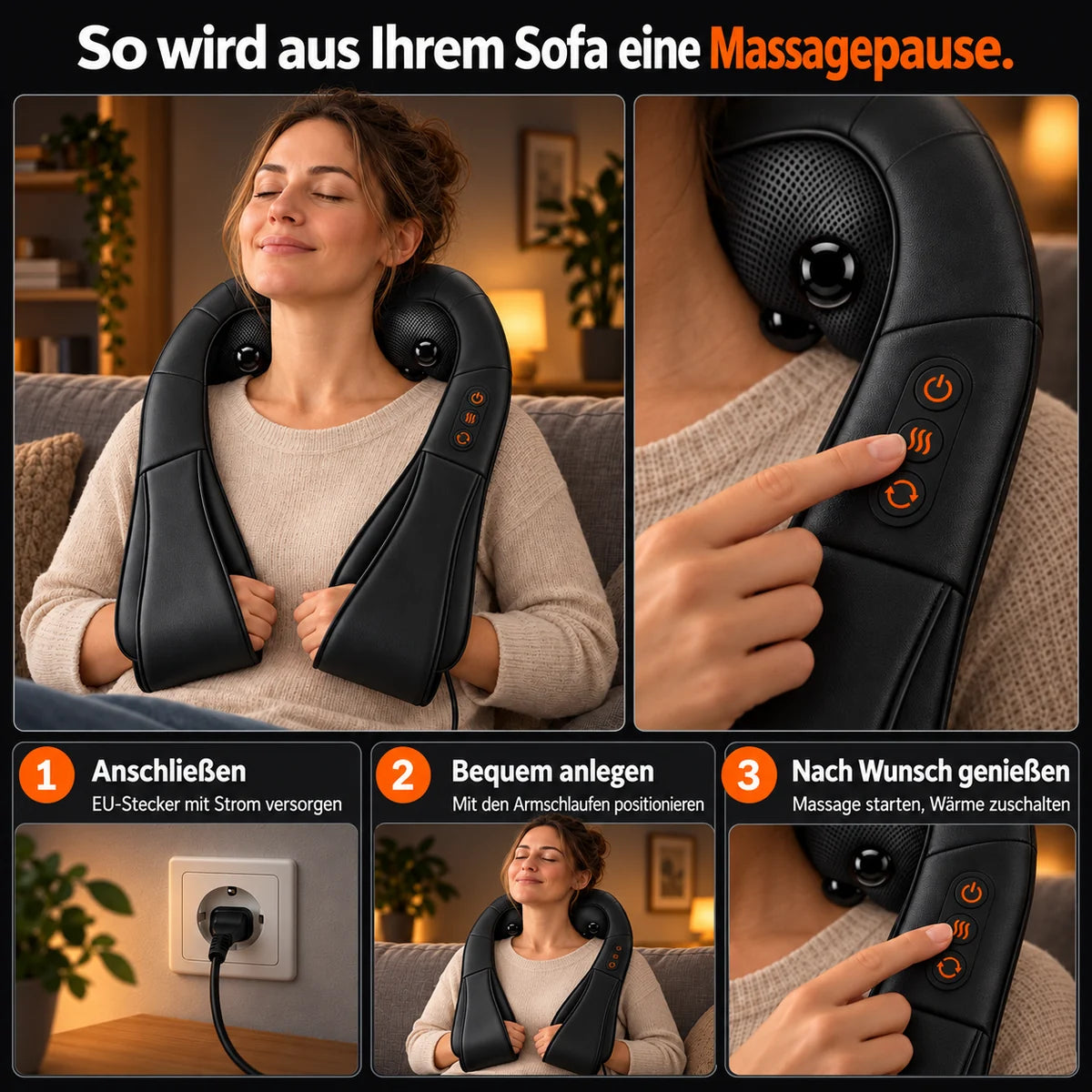Shiatsu-nackmassageapparat i svart: anslut, lägg på och välj massage med värme
